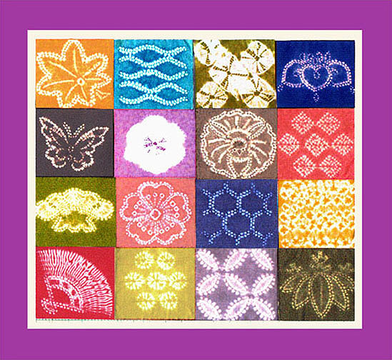 shibori, shibori quilt, shibori sampler, shibori techniques, natural dye, natural dyeing, kusakizome, custom design, silk shibori, japanese shibori, shiborizome, textile, silk noil, textile, fabric, resist shibori, traditional shibori, kimono shibori 